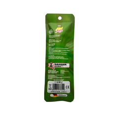 Green pesticide packaging with text and symbols on a white background