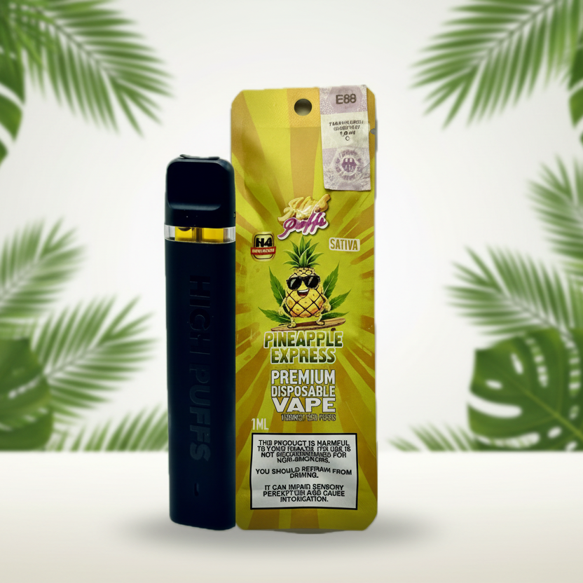 Disposable vape pen with pineapple-themed packaging on a white background