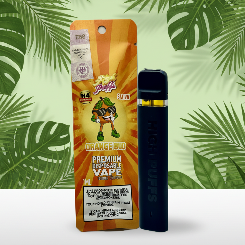 High Puffs Orange Bud premium disposable vape with packaging on a white background